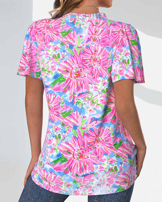 Bluse mit kurzen Ärmeln, Blumenmuster und Knöpfen