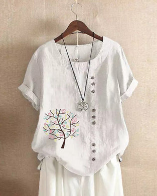 Rundhals-T-Shirt mit Blätterdruck