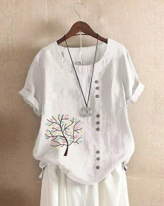 Rundhals-T-Shirt mit Blätterdruck