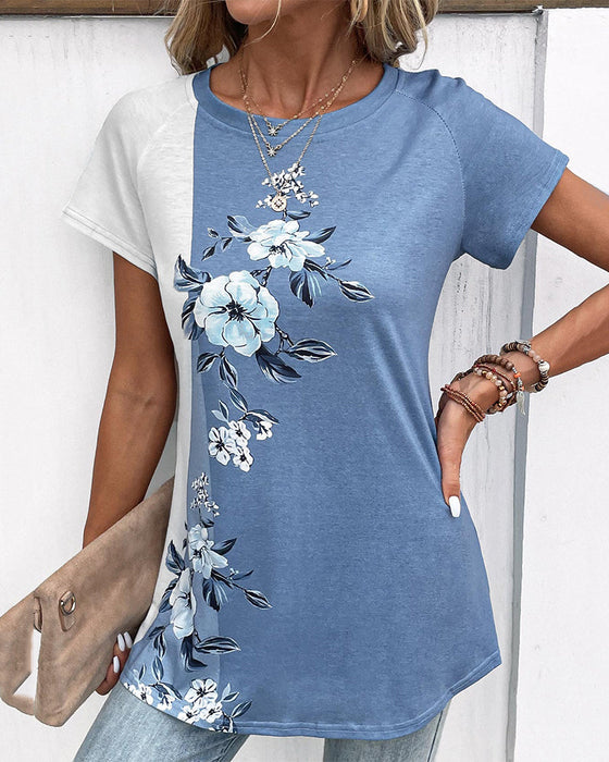 Patchwork-T-Shirt mit Blumendruck