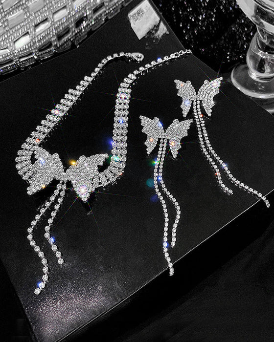 Strass-Schmetterlings-Quasten-Ketten-Halsketten-Ohrringe