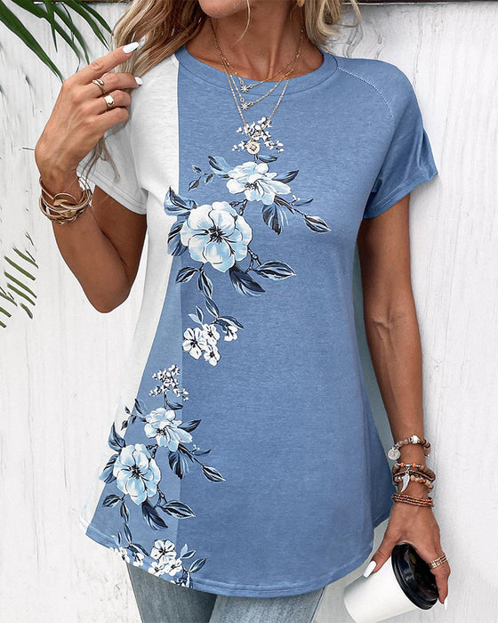 Patchwork-T-Shirt mit Blumendruck