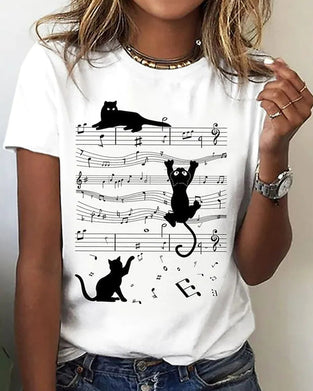 Rundhals-T-Shirt mit musikalischem Katzendruck