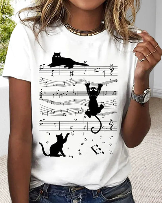 Rundhals-T-Shirt mit musikalischem Katzendruck