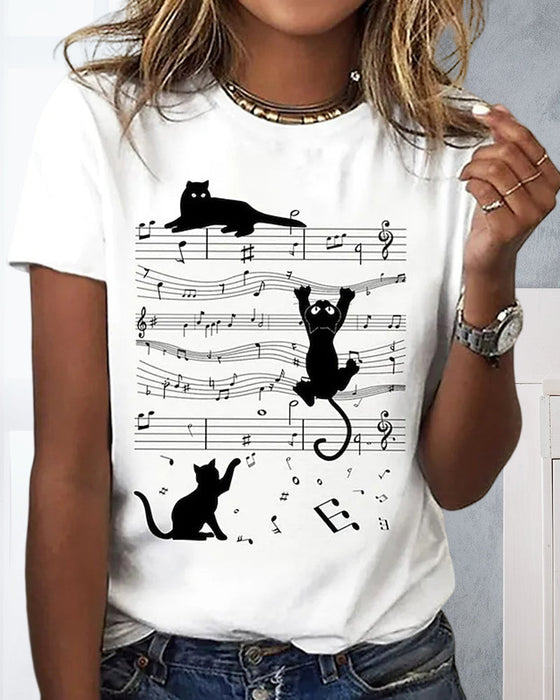 Rundhals-T-Shirt mit musikalischem Katzendruck