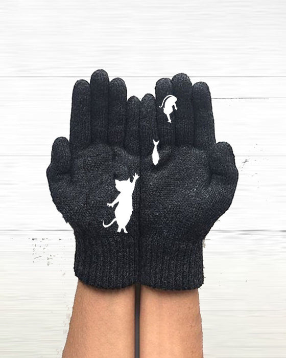 Warme und lustige Handschuhe mit Kätzchen- und Fischdruck