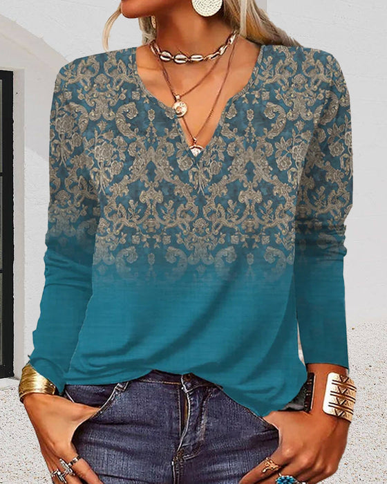 Langarmshirt mit V-Ausschnitt und Aufdruck