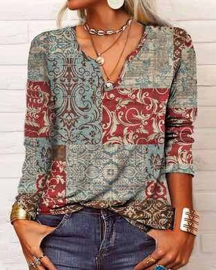 Langarmshirt mit V-Ausschnitt und Aufdruck