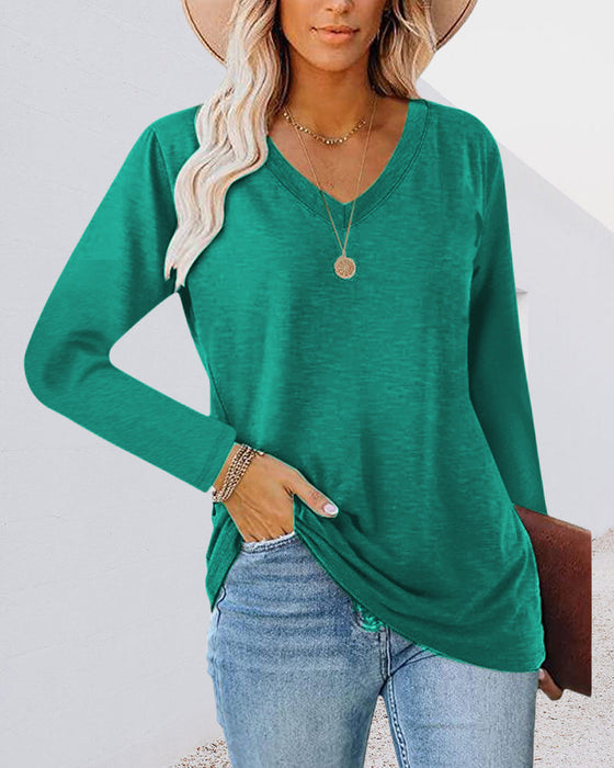 Einfarbiges Langarm-T-Shirt mit V-Ausschnitt