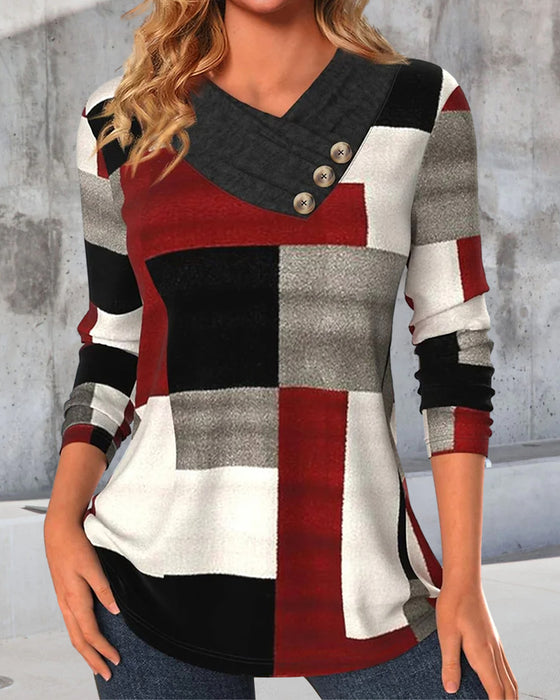Colorblock-Top Mit V-Ausschnitt Und Langen ärmeln