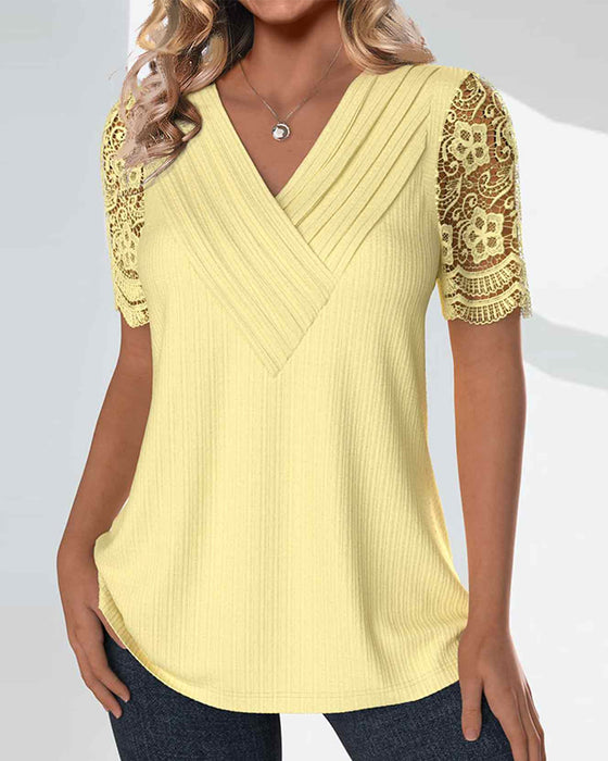 Kurzärmeliges Spitzen-Patchwork-Top
