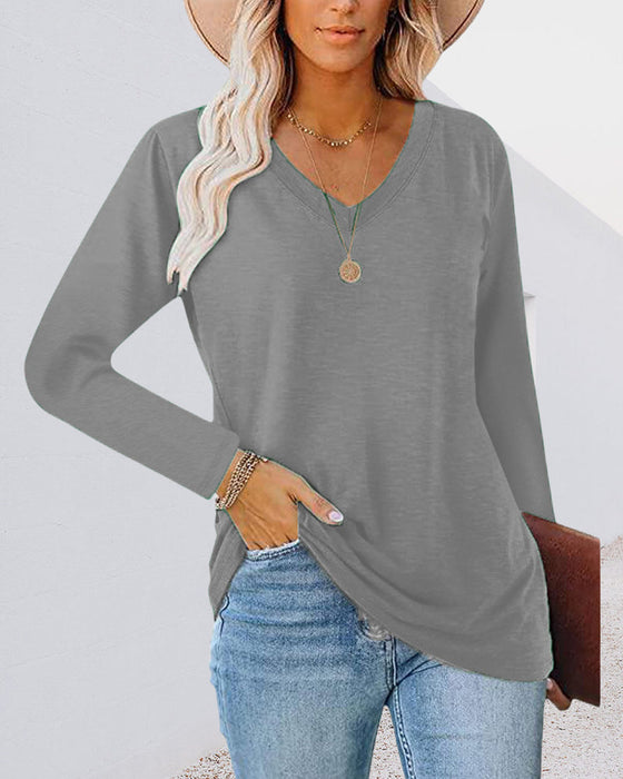Einfarbiges Langarm-T-Shirt mit V-Ausschnitt