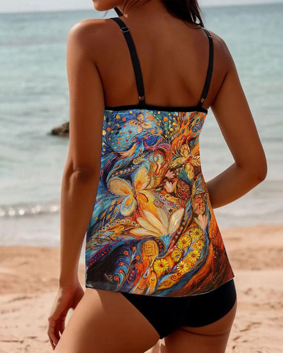 Tankini-Badeanzug mit farbenfrohem Ölgemälde-Print