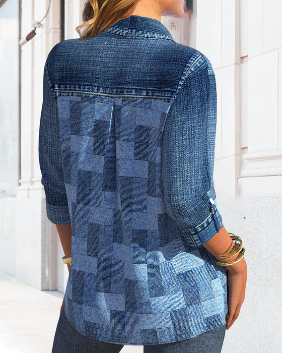 Langarmbluse mit Denim-Effekt-Print