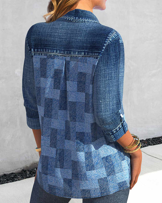 Langarmbluse mit Denim-Effekt-Print