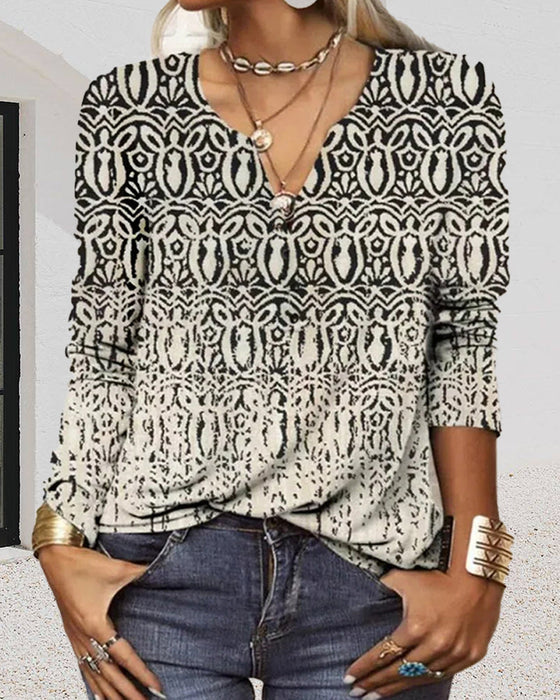 Langarmshirt mit V-Ausschnitt und Aufdruck