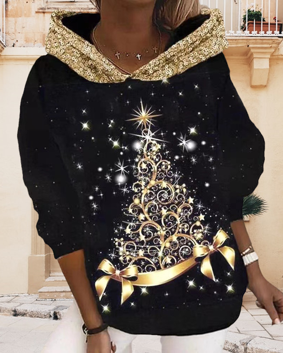 Kapuzenpulli mit Weihnachtsbaum-Print