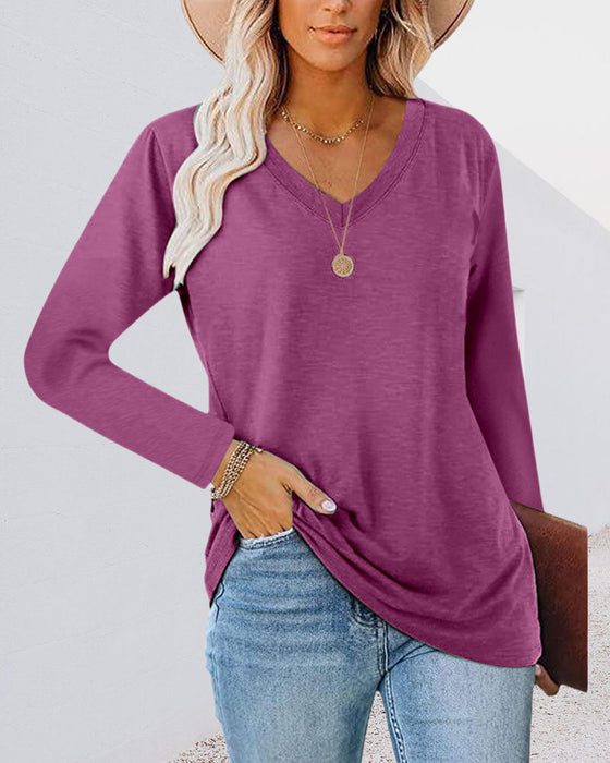 Einfarbiges Langarm-T-Shirt mit V-Ausschnitt