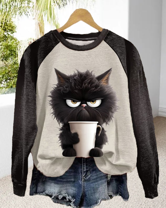 Loses Katzen-Sweatshirt mit Farbblock