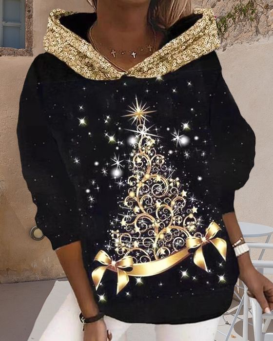 Kapuzenpulli mit Weihnachtsbaum-Print