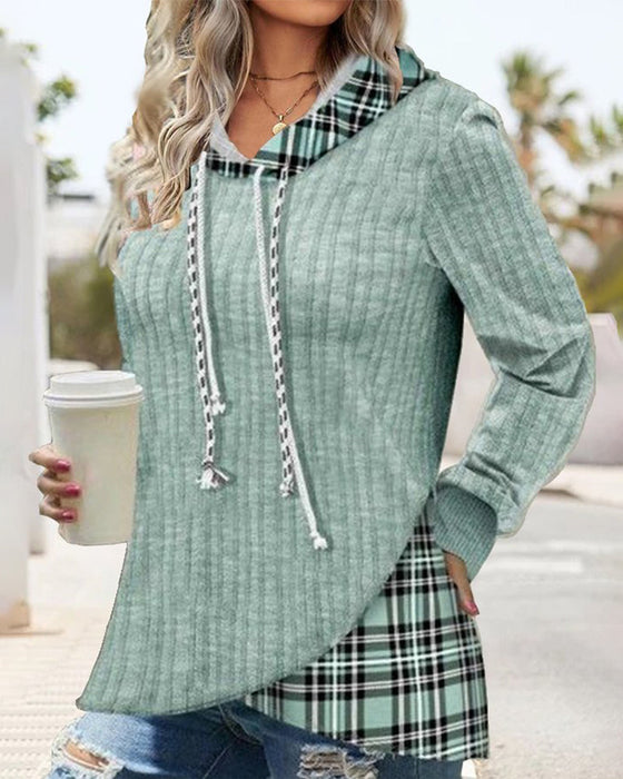 Damen Herbst-Kapuzenpullover mit Karomuster und langen Ärmeln