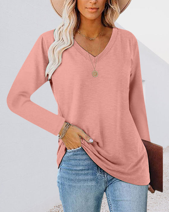 Einfarbiges Langarm-T-Shirt mit V-Ausschnitt