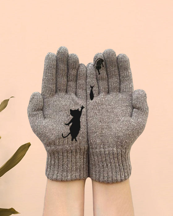 Warme und lustige Handschuhe mit Kätzchen- und Fischdruck