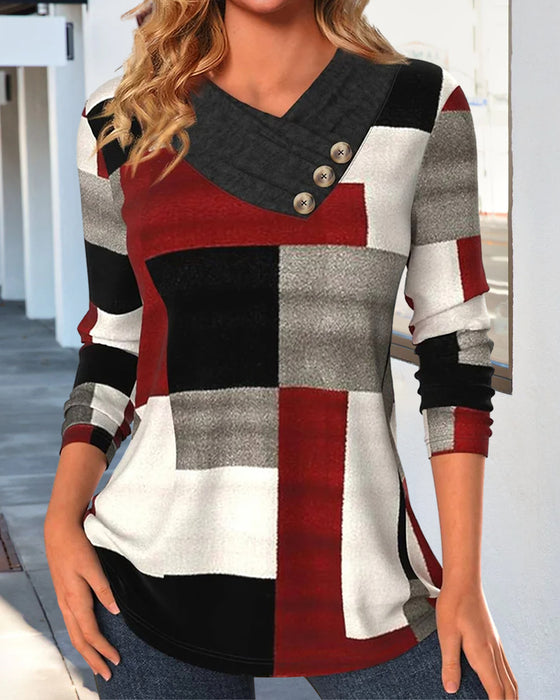 Colorblock-Top Mit V-Ausschnitt Und Langen ärmeln