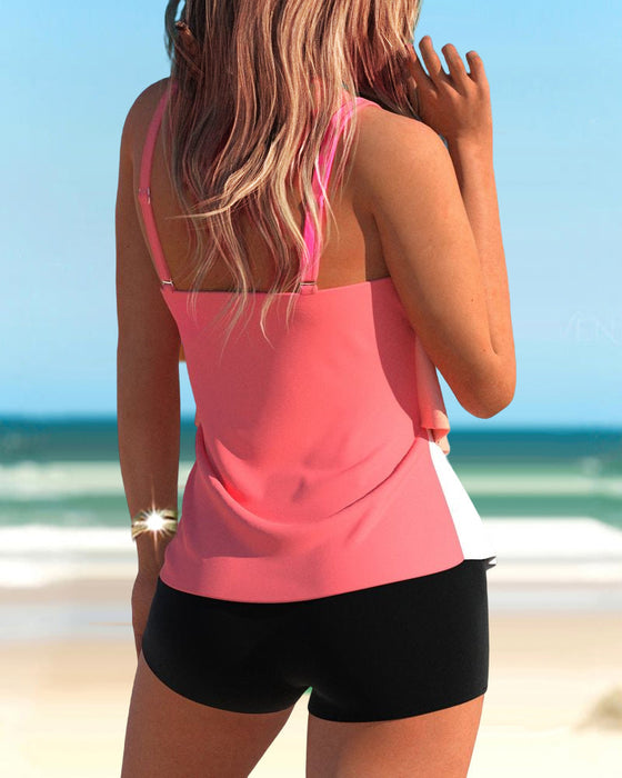 Tankini-Badeanzug in Colour-Block-Optik mit V-Ausschnitt