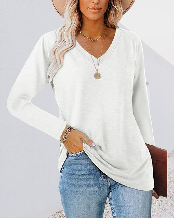 Einfarbiges Langarm-T-Shirt mit V-Ausschnitt