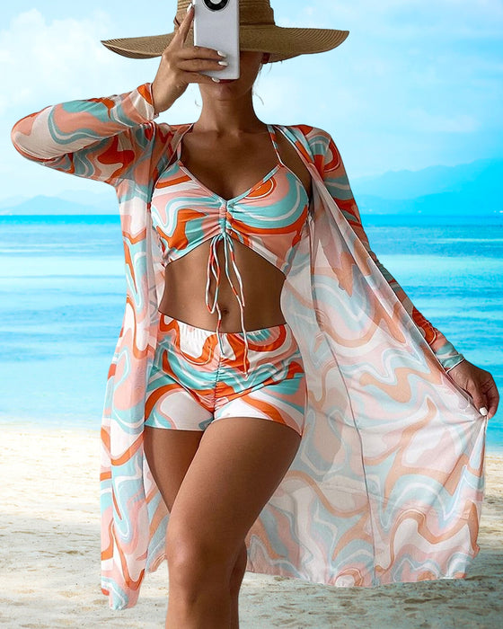 Dreiteiliger bedruckter Bikini-Badeanzug