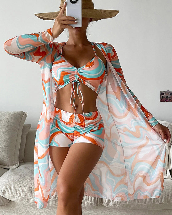 Dreiteiliger bedruckter Bikini-Badeanzug