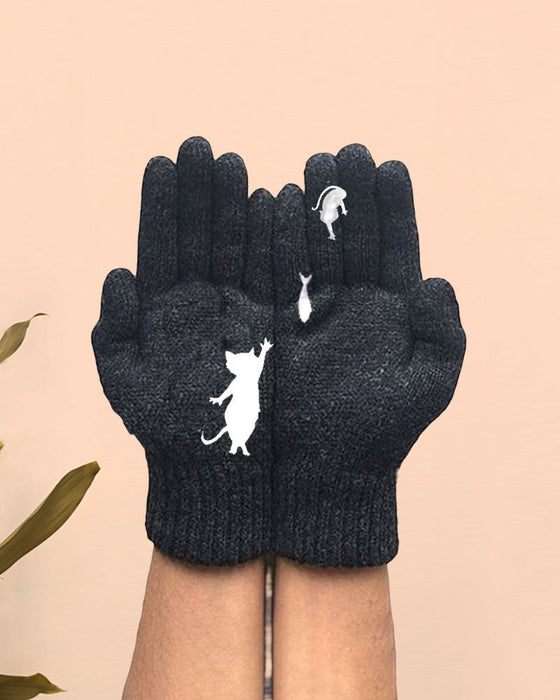 Warme und lustige Handschuhe mit Kätzchen- und Fischdruck