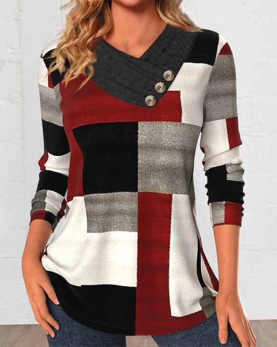 Colorblock-Top Mit V-Ausschnitt Und Langen ärmeln