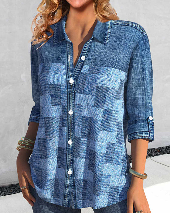 Langarmbluse mit Denim-Effekt-Print