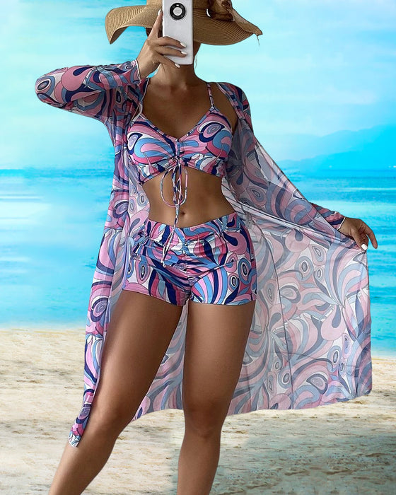 Dreiteiliger bedruckter Bikini-Badeanzug
